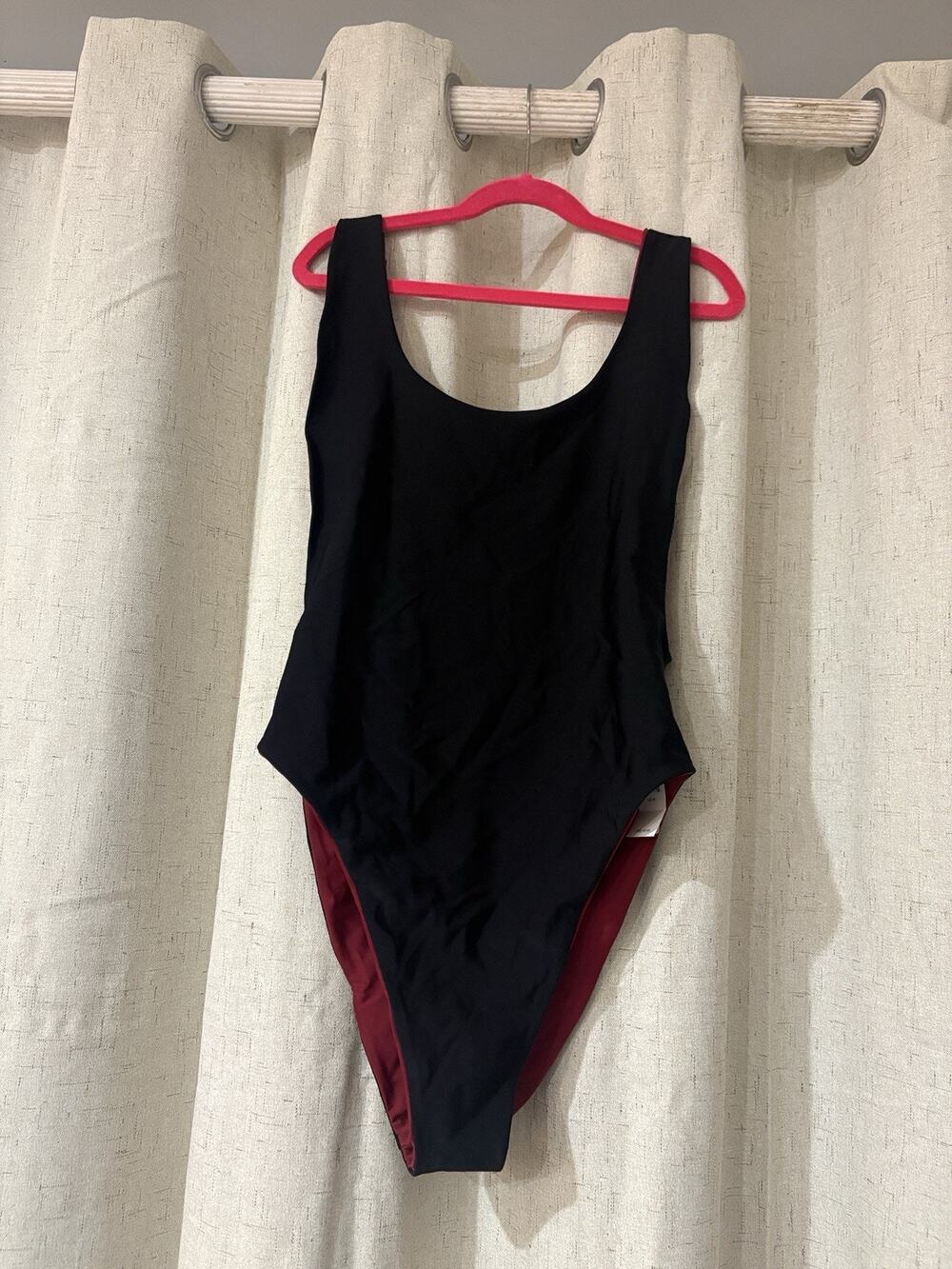 AERIE M Womens Reversible Black Burgundy One Piece Black Scoop Back Swimsuit New